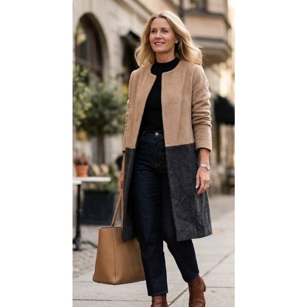 Henriette Steffensen Copenhagen Fuzzy Color Block Duster Jacket Coat Beige Small